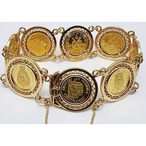 18K Yellow Gold Caciques De Venezuela 21K Gold Coin Link Bracelet 6.50" Length